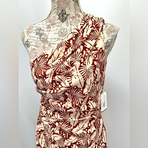 ALEXIA ADMOR Brown and cream ALESSI palm print one shoulder midi dress size 2 - Picture 6 of 16